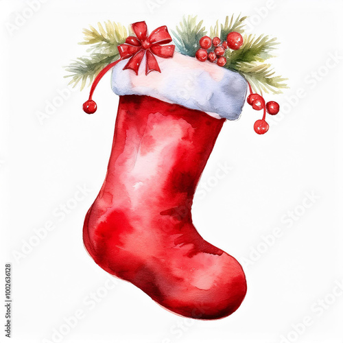 Watercolor painting of traditional red Christmas stocking on white background. Happy holiday.