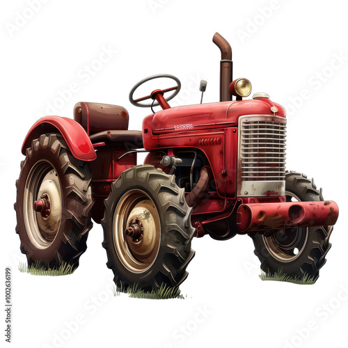 A vintage red tractor, showcasing classic design and rugged features, perfect for agricultural and nostalgic themes.