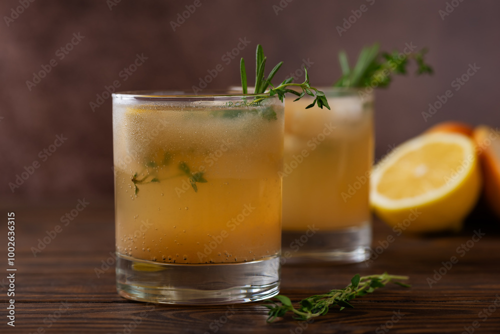 Pear lemonade with lemon, rosemary, thyme and ice in a glasses on a brown wooden table. Healthy drink, sugar and alcohol free. Pear lemonade with lemon, rosemary, thyme and ice in a glasses on a brown wooden table. Healthy drink, sugar and alcohol free.