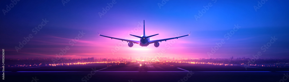 A jet plane is flying through the sky over a city. The sky is a beautiful mix of blue and purple, creating a serene and peaceful atmosphere. The city below is lit up with lights A jet plane is flying through the sky over a city. The sky is a beautiful mix of blue and purple, creating a serene and peaceful atmosphere. The city below is lit up with lights