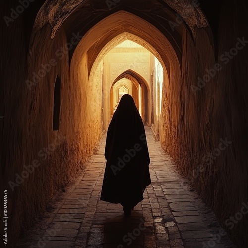 iranian woman walking in the tunnel of yazd in iran