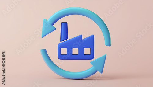 Blue factory icon within a circular recycle symbol on a soft beige background.
