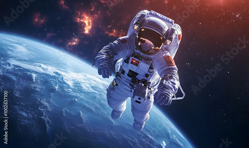 graphics of space, planets, and astronauts on a white background.