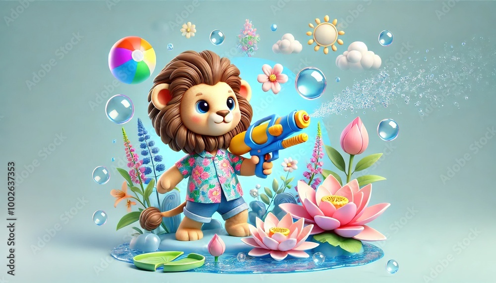 Naklejka premium Baby lion holding a water gun