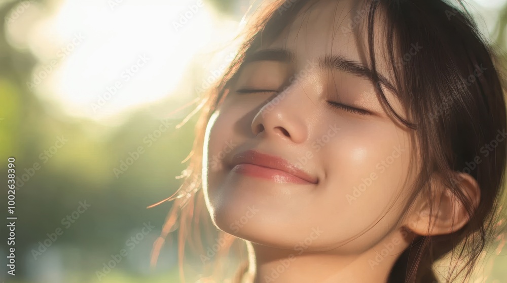 Serene Asian Woman Enjoying Golden Hour Sunlight in Nature Serene Asian Woman Enjoying Golden Hour Sunlight in Nature