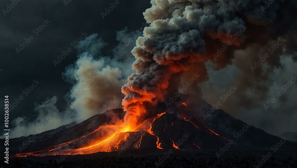 Smoke and lava erupting from a volcano.