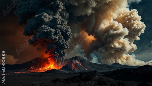 Smoke and lava erupting from a volcano.