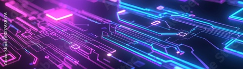 Abstract digital circuit board with neon colors on a dark background.