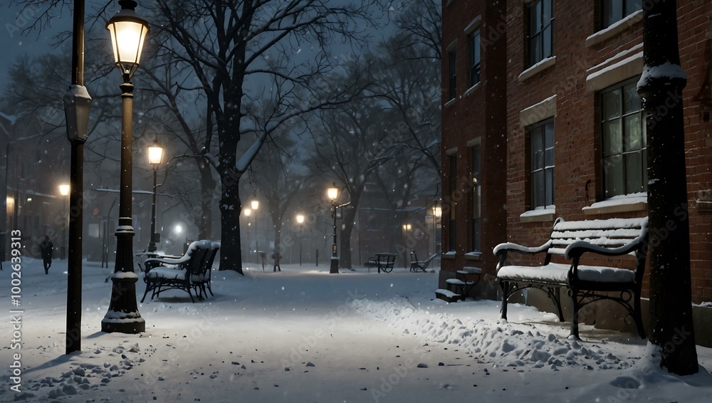 Snowy street scene with a bench and streetlight.