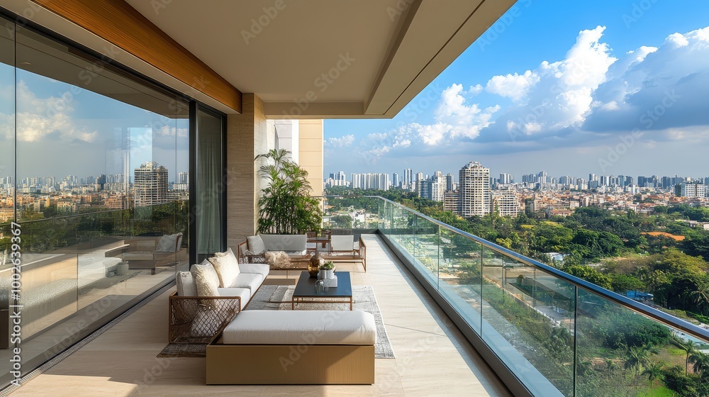 A sleek, modern balcony with glass railings, minimalistic furniture, and an unobstructed view of a vibrant city skyline A sleek, modern balcony with glass railings, minimalistic furniture, and an unobstructed view of a vibrant city skyline