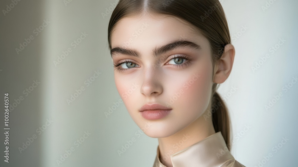 Naklejka premium Serene Beauty Portrait: Young Woman with Captivating Eyes and Natural Makeup