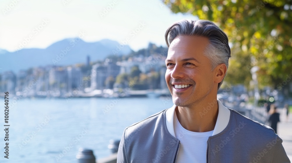 Smiling Mature Man Enjoying Sunny Day by Lakeside Smiling Mature Man Enjoying Sunny Day by Lakeside