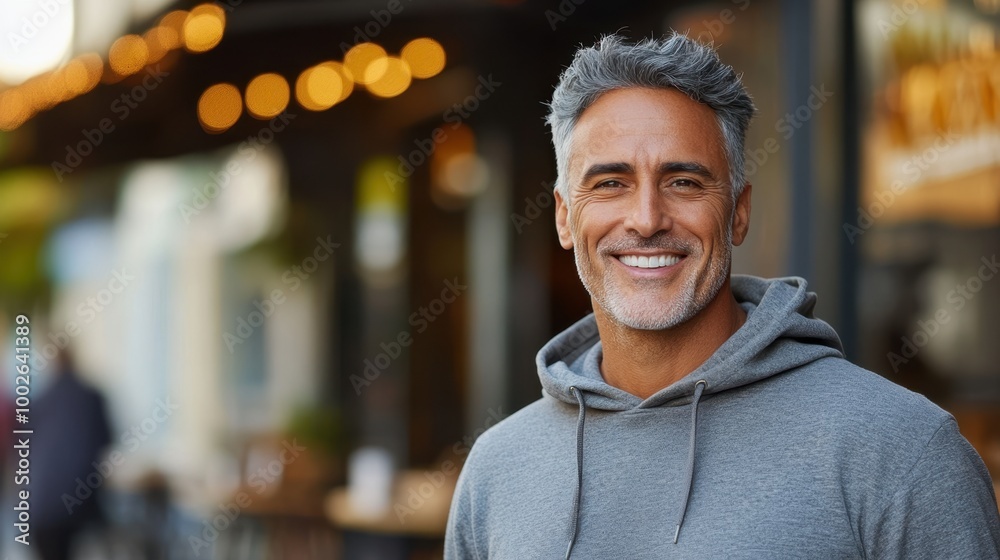 Smiling Mature Man with Gray Hair Enjoying City Life Outdoors Smiling Mature Man with Gray Hair Enjoying City Life Outdoors