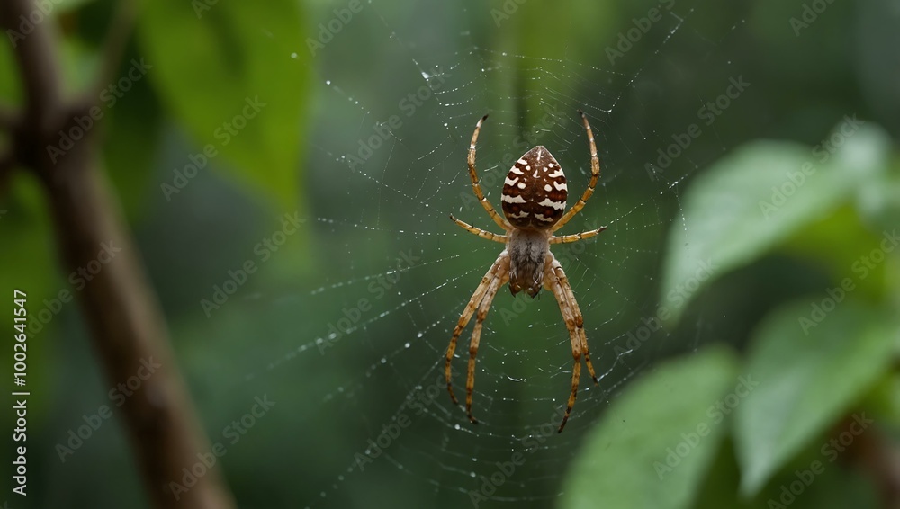 Spider weaving a web among green leaves. Spider weaving a web among green leaves.