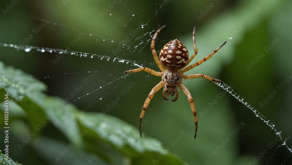 Spider weaving a web among green leaves. Spider weaving a web among green leaves.
