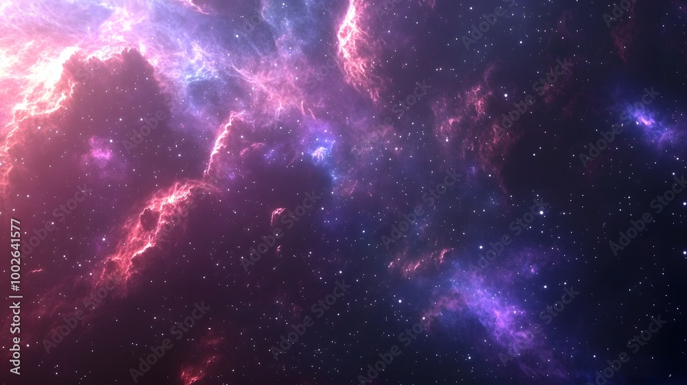 Stunning view of a colorful nebula with vibrant hues of purple, pink, and blue, filled with bright stars scattered across space. Stunning view of a colorful nebula with vibrant hues of purple, pink, and blue, filled with bright stars scattered across space.