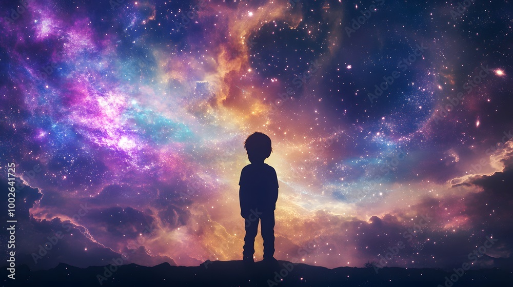 A silhouette of a child standing under a vibrant cosmic sky filled with stars and colorful nebula, symbolizing wonder and imagination. A silhouette of a child standing under a vibrant cosmic sky filled with stars and colorful nebula, symbolizing wonder and imagination.