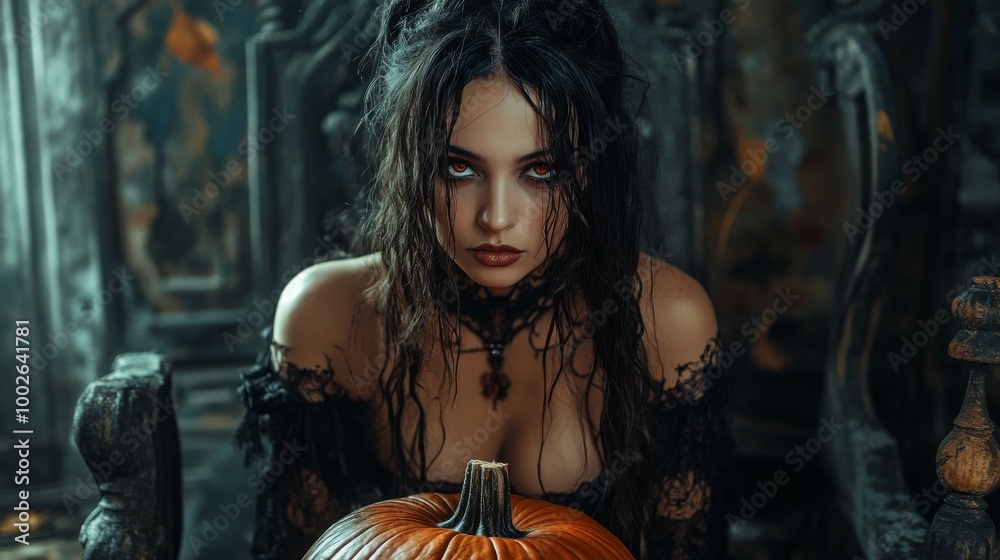 Obraz premium Dark Gothic Halloween Aesthetic with Pumpkins and Mysterious Girl