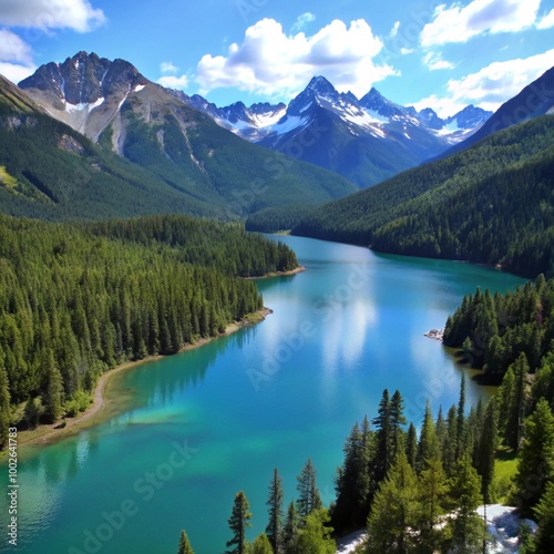 Aerial view of a turquoise mountain lake surrounded by dense forest and towering peaks