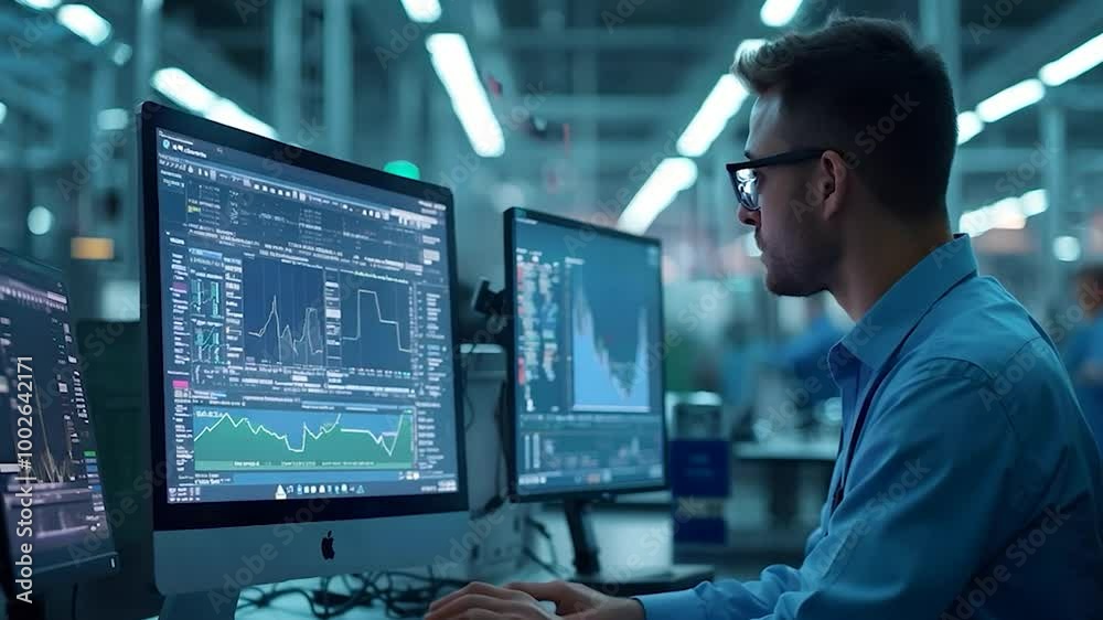 Man Working on Multiple Computer Screens with Data Man Working on Multiple Computer Screens with Data