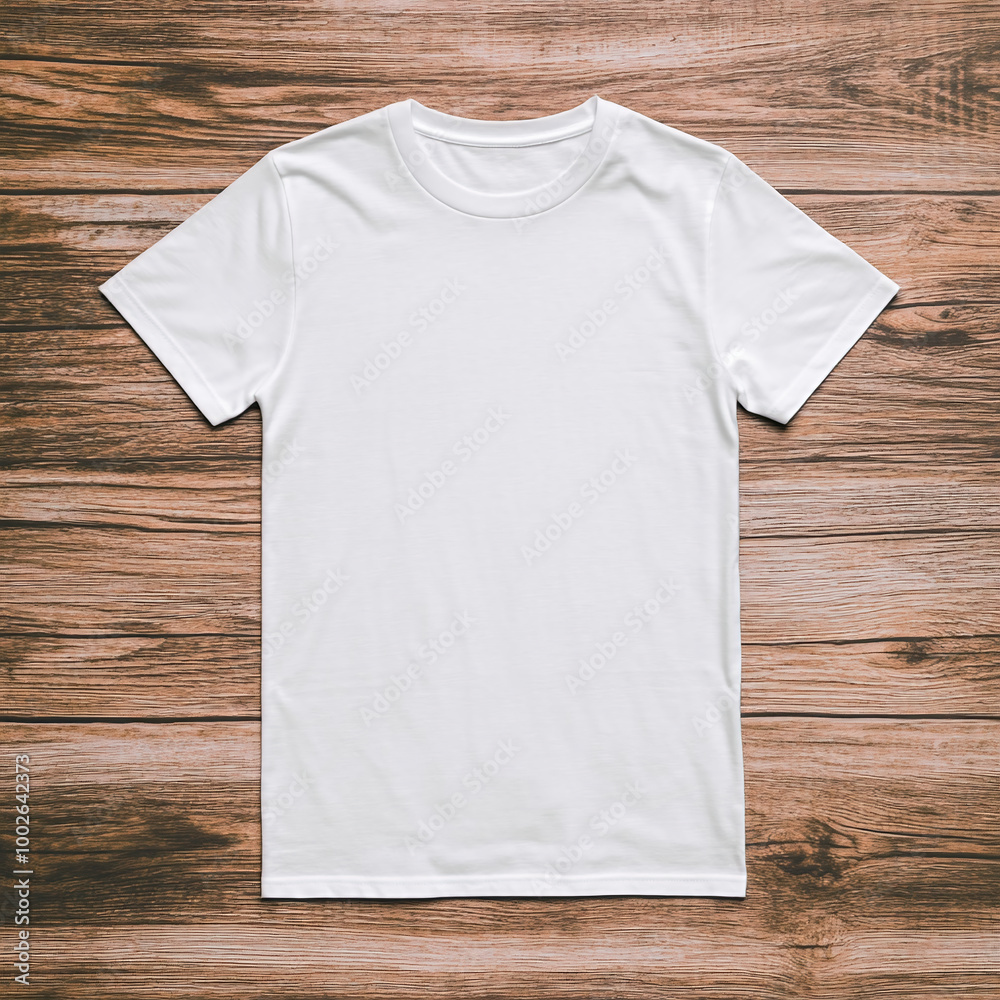 Plain White T-Shirt on Wooden Background Ready for Customization and Design Ideas Plain White T-Shirt on Wooden Background Ready for Customization and Design Ideas