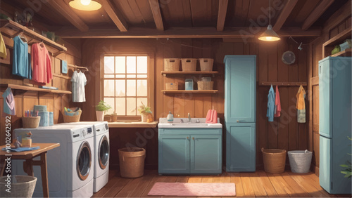 Whimsical Cartoon Laundry Room with Modern Appliances in a Cozy Wooden House