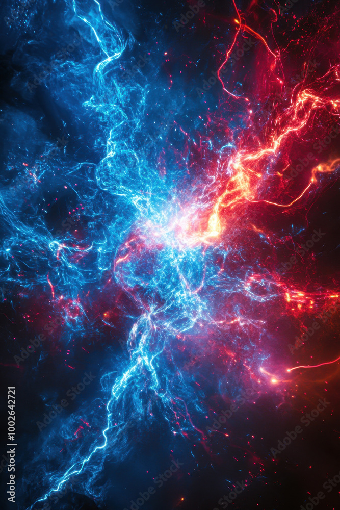 Versus background, An explosive splash of blue and red neon energy elements engages in a fierce collision, vividly illuminated against a shadowy background. The image showcases the Versus background, An explosive splash of blue and red neon energy elements engages in a fierce collision, vividly illuminated against a shadowy background. The image showcases the