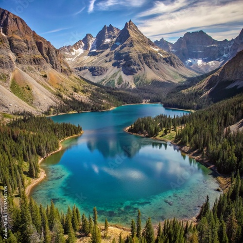 A high-altitude aerial shot of a crystal-clear mountain lake surrounded by towering peaks. The lake’s turquoise waters contrast with the deep green forest that lines its shore