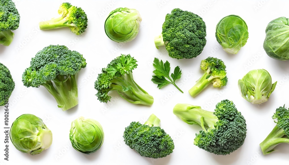 pieces of broccoli and brussels sprouts on white background pieces of broccoli and brussels sprouts on white background