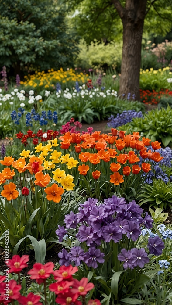 Spring garden in bloom, featuring a variety of flowers. Spring garden in bloom, featuring a variety of flowers.
