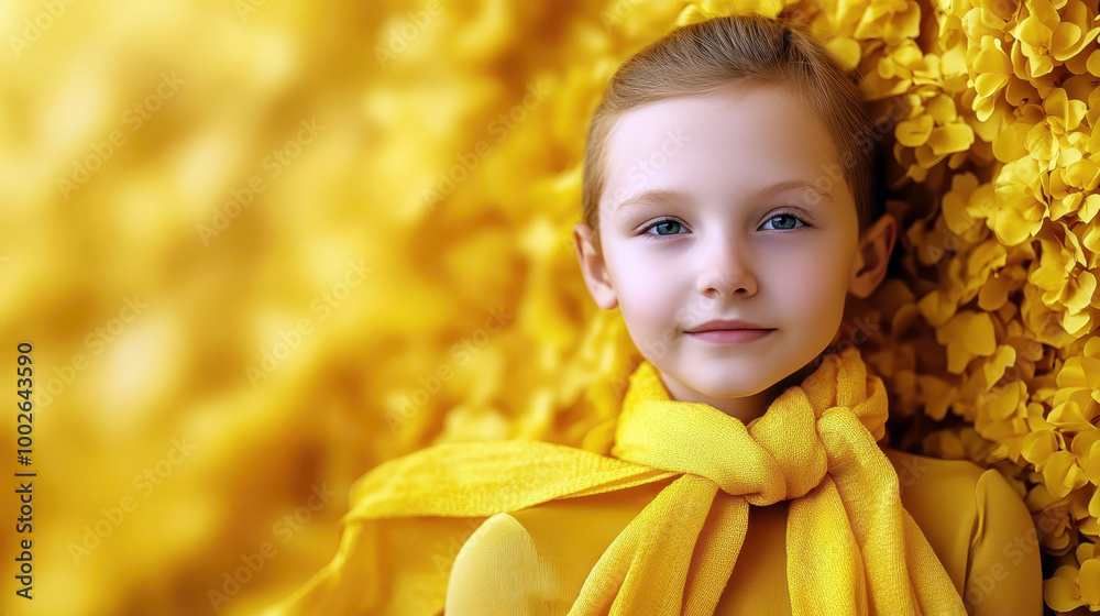 Fototapeta premium Portrait of a beautiful smiling girl with a yellow scarf against the background of yellow flowers. Childhood Cancer Day. Horizontal banner. Free space for text. Treatment of sick children concept