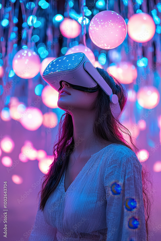 VR in entertainment, In a vivid fantasy game world, a young woman dons a modern VR headset, captivated by her surroundings. Glowing orbs and interactive holograms flicker around VR in entertainment, In a vivid fantasy game world, a young woman dons a modern VR headset, captivated by her surroundings. Glowing orbs and interactive holograms flicker around