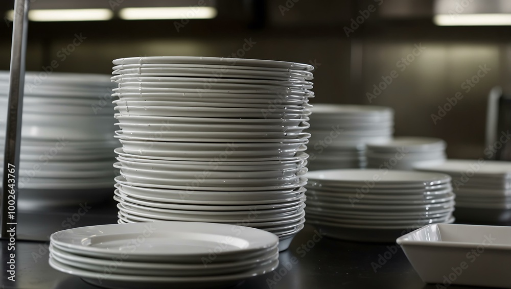 Stacking clean white plates in a restaurant kitchen. Stacking clean white plates in a restaurant kitchen.