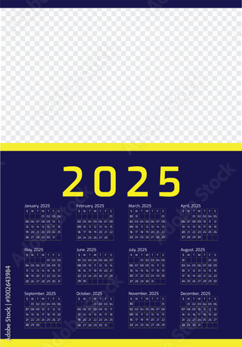 Single Page corporate wall calendar 2025 Year all months calendar  template, Professional style.
