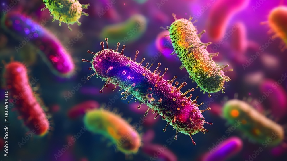 Fototapeta premium A colorful array of bacteria floating in an animated, dynamic background