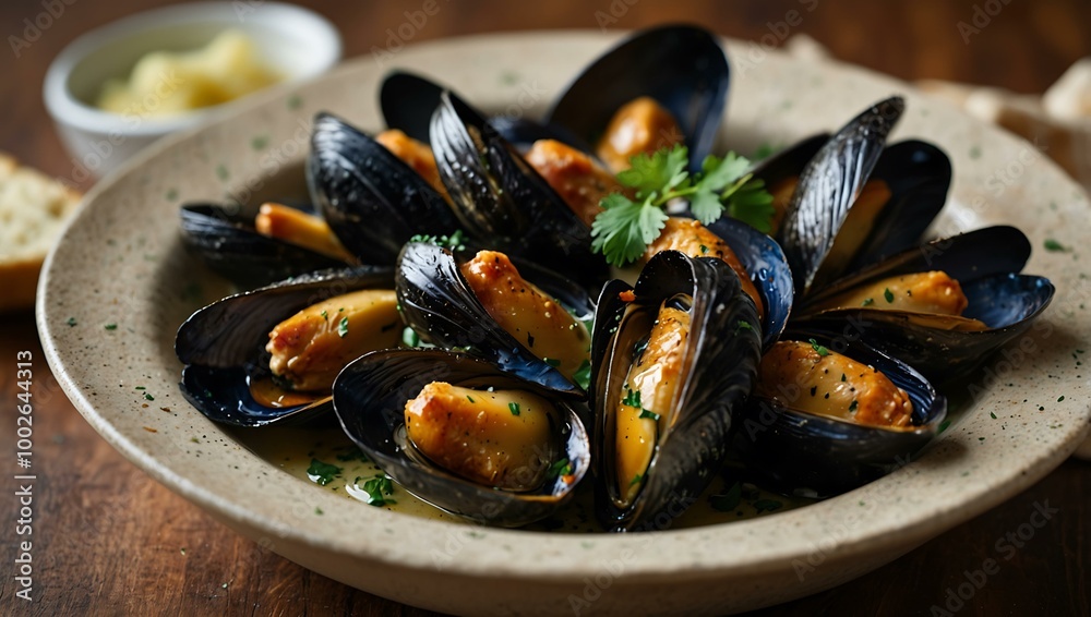 Steaming bowl of mussels in garlic butter sauce with aromatic steam. Steaming bowl of mussels in garlic butter sauce with aromatic steam.