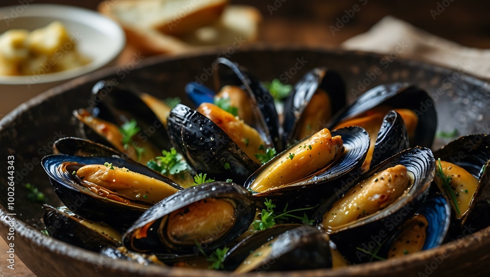 Steaming bowl of mussels in garlic butter sauce with aromatic steam. Steaming bowl of mussels in garlic butter sauce with aromatic steam.