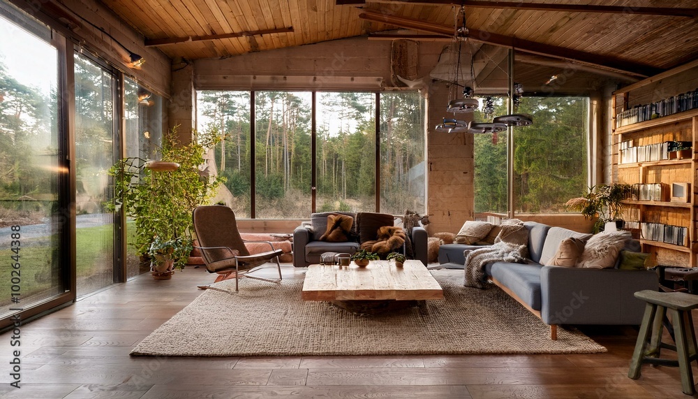 Fototapeta premium a stylish industrial chalet style-themed living room, set against an uncluttered background to highlight the central elements, backyard patio and indoor space
