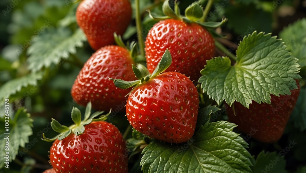 Strawberries growing on a bush. Strawberries growing on a bush.