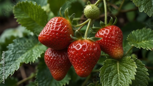 Strawberries growing on a bush.