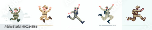 vector set of soldiers jumping with a simple and minimalist flat design style. plain white background