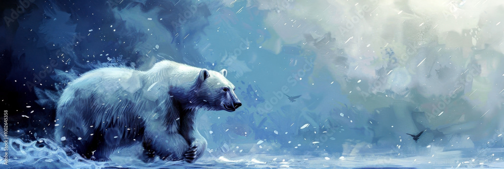 Obraz premium Shaggy polar bear running in the snow. Oil paint illustration. International Polar Bear Day. Horizontal banner Copy space. Wildlife conservation. Environmental, animal protection. World Wildlife Day