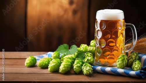 Bavarian beer mug with beer and green hops on a wooden table, Oktoberfest, Dult, folk festival, party