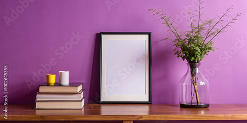 Scandinavian room interior with mock up photo frame on the wooden modern shelf with beautiful dry grass in differents hipster and design pots. Purple background Modern and floral concept of shelfs.