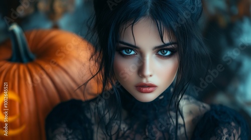 Dark Gothic Halloween Aesthetic with Pumpkins and Mysterious Girl