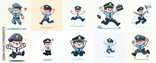 vector set of police jumping with a simple and minimalist flat design style. plain white background