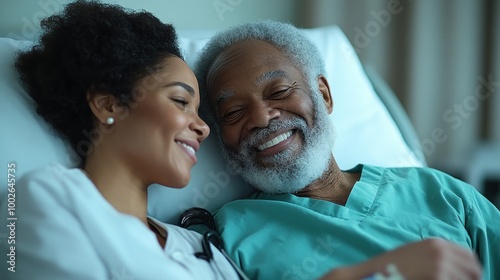 A caregiver and patient share a joyful moment in a hospital setting.