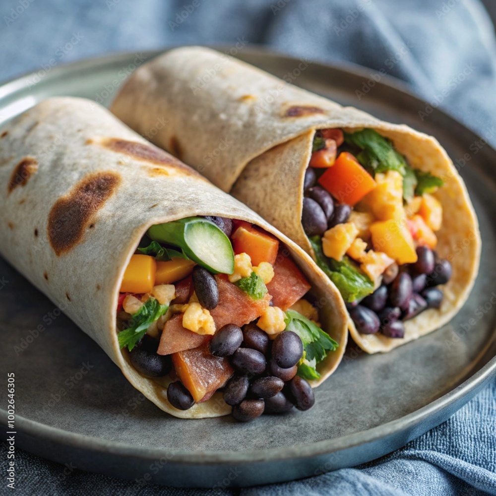 A delicious vegan burrito for breakfast, with creamy avocado, black beans, and salsa, garnished with fresh cilantro A delicious vegan burrito for breakfast, with creamy avocado, black beans, and salsa, garnished with fresh cilantro
