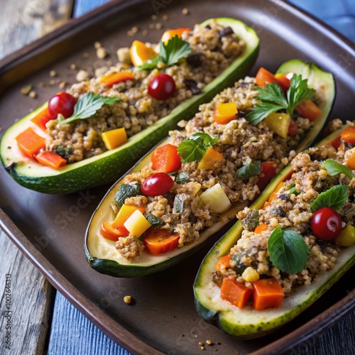 Vegan zucchini boats stuffed with quinoa, vegetables, and herbs, baked to perfection and served on a rustic plate