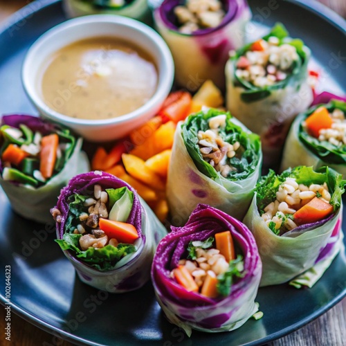 Fresh vegan rice paper rolls filled with colorful vegetables and served with a creamy peanut sauce for dipping